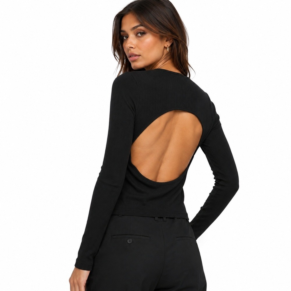 Walter Baker Womens Black Ribbed Long Sleeve Open‎ Back Cutout Top Size M